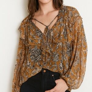 Hannah Artwear Women's Boho Sheer Floral Ruffle Tie Neck Blouse Top Size 1